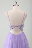 Purple Tulle A-Line Spaghetti Straps Long Prom Dress with Appliques