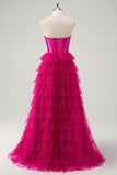 Princess Fuchsia Sweetheart Keyhole Tiered Long Prom Dresses with Slit