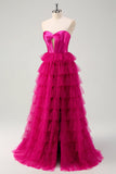 Princess Fuchsia Sweetheart Keyhole Tiered Long Prom Dresses with Slit