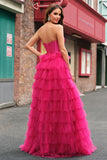 Princess Fuchsia Sweetheart Keyhole Tiered Long Prom Dresses with Slit