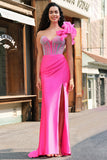 Fuchsia Corset Ruffle Beaded Mermaid Satin Prom Dress with Slit