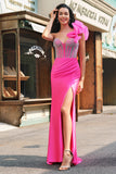 Fuchsia Corset Ruffle Beaded Mermaid Satin Prom Dress with Slit