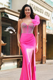 Fuchsia Corset Ruffle Beaded Mermaid Satin Prom Dress with Slit