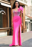 Fuchsia Corset Ruffle Beaded Mermaid Satin Prom Dress with Slit