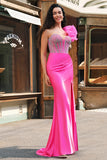 Fuchsia Corset Ruffle Beaded Mermaid Satin Prom Dress with Slit