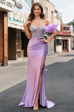 Lilac Mermaid Beaded Corset Ruffle Satin Prom Dress with Slit