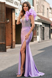 Lilac Mermaid Beaded Corset Ruffle Satin Prom Dress with Slit