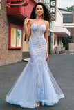 Light Blue Spaghetti Straps Corset Mermaid Prom Dress with Embroidery
