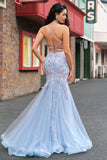 Light Blue Spaghetti Straps Corset Mermaid Prom Dress with Embroidery