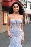 Light Blue Spaghetti Straps Corset Applique Mermaid Prom Dress