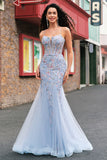 Light Blue Spaghetti Straps Corset Applique Mermaid Prom Dress