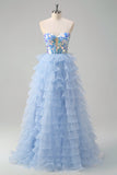 Sparkly Blue A-Line Sweetheart Corset Tiered Long Prom Dress with Ruffles