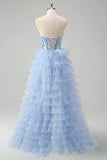 Sparkly Blue A-Line Sweetheart Corset Tiered Long Prom Dress with Ruffles