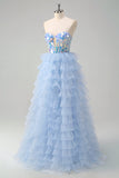 Sparkly Blue A-Line Sweetheart Corset Tiered Long Prom Dress with Ruffles