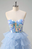 Sparkly Blue A-Line Sweetheart Corset Tiered Long Prom Dress with Ruffles