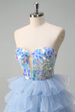 Sparkly Blue A-Line Sweetheart Corset Tiered Long Prom Dress with Ruffles