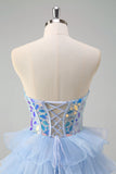 Sparkly Blue A-Line Sweetheart Corset Tiered Long Prom Dress with Ruffles