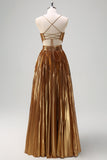 Sparkly Golden A-Line Spaghetti Straps Cut Out Pleated Metallic Prom Dress