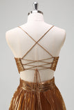 Sparkly Golden A-Line Spaghetti Straps Cut Out Pleated Metallic Prom Dress