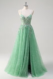 Sparkly Light Green A Line Spaghetti Straps Corset Sequined Prom Dress with Slit