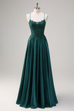 Dark Green A-Line Spaghetti Straps Satin Beaded Prom Dress with Appliques