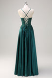 Dark Green A-Line Spaghetti Straps Satin Beaded Prom Dress with Appliques