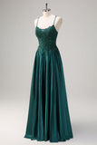 Dark Green A-Line Spaghetti Straps Satin Beaded Prom Dress with Appliques