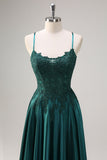 Dark Green A-Line Spaghetti Straps Satin Beaded Prom Dress with Appliques