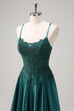 Dark Green A-Line Spaghetti Straps Satin Beaded Prom Dress with Appliques