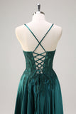 Dark Green A-Line Spaghetti Straps Satin Beaded Prom Dress with Appliques