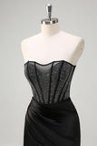 Black Mermaid Strapless Ruched Satin Corset Prom Dress with Beading