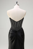 Black Mermaid Strapless Ruched Satin Corset Prom Dress with Beading