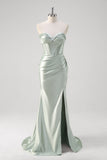 Matcha Satin Strapless Corset Mermaid Prom Dress with Slit
