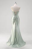 Matcha Satin Strapless Corset Mermaid Prom Dress with Slit
