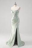 Matcha Satin Strapless Corset Mermaid Prom Dress with Slit