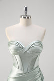 Matcha Satin Strapless Corset Mermaid Prom Dress with Slit