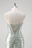 Matcha Satin Strapless Corset Mermaid Prom Dress with Slit