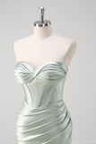 Matcha Satin Strapless Corset Mermaid Prom Dress with Slit
