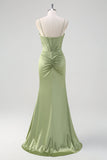 Green Mermaid Spaghetti Straps Corset Long Satin Prom Dress With Slit