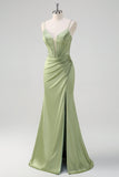 Green Mermaid Spaghetti Straps Corset Long Satin Prom Dress With Slit