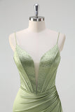 Green Mermaid Spaghetti Straps Corset Long Satin Prom Dress With Slit