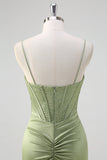 Green Mermaid Spaghetti Straps Corset Long Satin Prom Dress With Slit