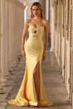 Sparkly Yellow Mermaid Keyhole Long Beaded Prom Dress with Slit