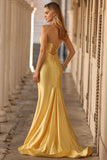 Sparkly Yellow Mermaid Keyhole Long Beaded Prom Dress with Slit