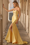 Sparkly Yellow Mermaid Keyhole Long Beaded Prom Dress with Slit