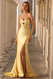Sparkly Yellow Mermaid Keyhole Long Beaded Prom Dress with Slit