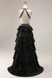 Sparkly Black Halter Ruffled A-Line Long Prom Dress with Beading