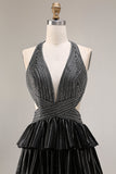 Sparkly Black Halter Ruffled A-Line Long Prom Dress with Beading