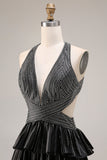 Sparkly Black Halter Ruffled A-Line Long Prom Dress with Beading