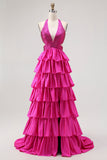 Fuchsia Halter Ruffled A-Line Long Prom Dress with Beading